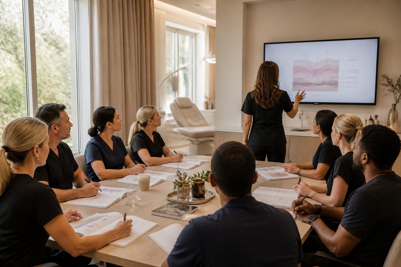 A practitioner training session in progress: a presenter at a wall display addressing attendees seated around a table with training manuals